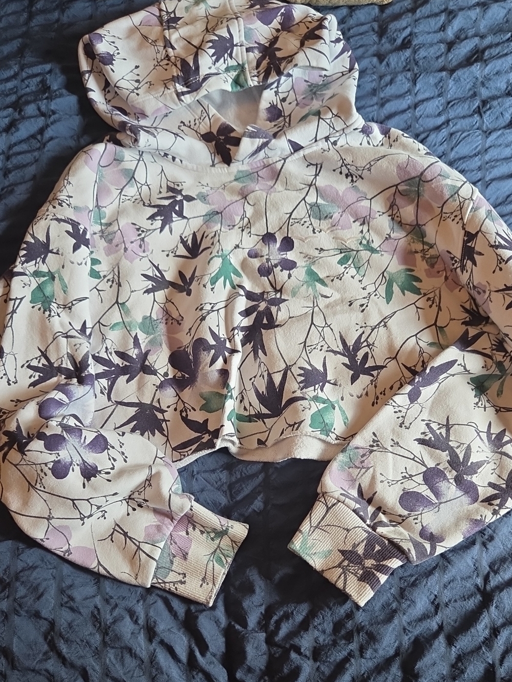 Floral Cropped Hoodie Sweatshirt - Cream with Purple & Green Print